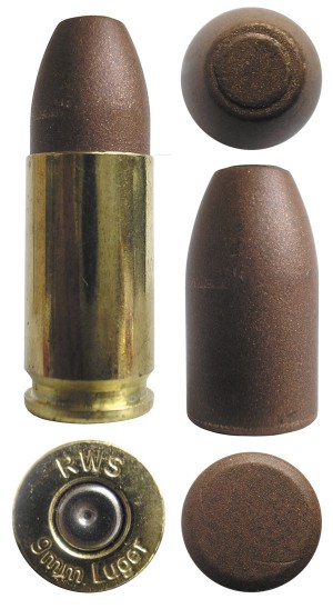  Практический патрон 9х19 с порошковой разрушающейся пулей Copper Matrix Frangible bullet для правозащитных органов, выпущенный компанией Ruag USA