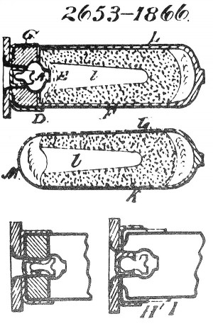  Рисунок патрона и гильзы из английского патента № 2653 (1866 г.) Эдварда Боксера