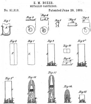  Рисунок из патента США № 91818 (1869 г.) на патроны с составными гильзами центрального воспламенения