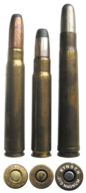  Участники соревнования «универсальных» патронов начала ХХ века: 9,3х62 Mauser (слева), 9,5x56 Mannlicher-Schoenauer (в центре), .375 Holland & Holland Magnum Belted (справа)