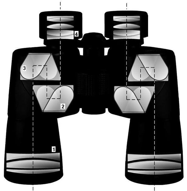  Схема «классического» бинокля: 1 — объектив; 2 и 3 — призмы Порро; 4 — окуляр 