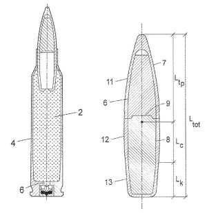  Эскиз патрона и пули с коротким бронебойным сердечником типа Power Ball (US Patent 2015/0144019 от 28.05.2015 г.)