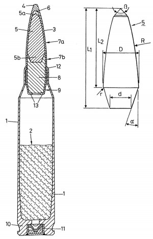  Эскиз патрона и твердосплавного сердечника из патента компании SM Schweizerische Munition Sunternehmung AG (US Patent 6 374 743 от 23.04.2002 г.)
