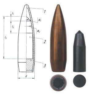  Пуля «Тип № 1». Схема пули из патента РФ № 2357195, внешний вид пули и сердечника