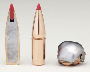  Пуля SST (слева направо) — в разрезе, в первозданной красоте и после попадания в цель