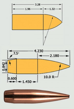  Выраженные в калибрах пропорции эталонных пуль моделей G1 и G7; пуля для стрельбы на большие расстояния Berger Target VLD (внизу) — совершенно очевидно, какая модель ближе