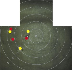 Результаты отстрела: желтым цветом отмечены попадания на дальности 35 м, красным — на 50 м