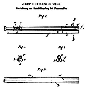  Бесшумный комплекс патрон-оружие с запиранием пороховых газов австрийского изобретателя Йозефа Хутфлесса (патент Австрии № 5478 от 1 июня 1901 г.)