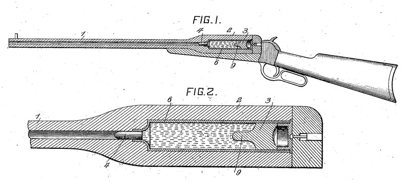  Бесшумный патрон Джозефа Е. Бисселла с гильзой, наполненной жидкостью (патент США № 692819 от 11 февраля 1902 г.)