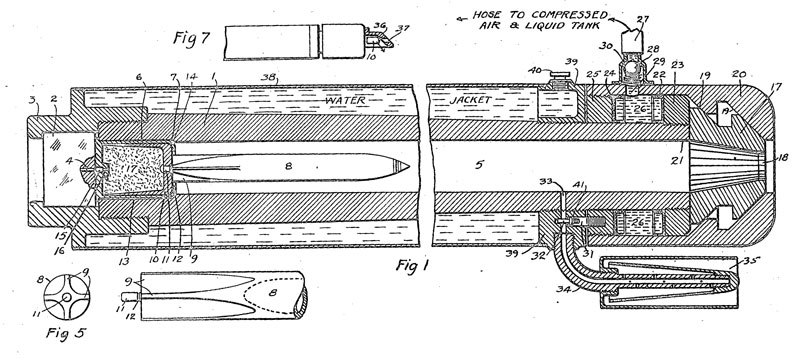  Схема бесшумной артиллерийской системы Брэдфорда Б. Холмса (патент США № 1416827 от 23 мая 1922 г.)