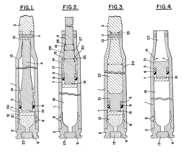  Конструкции бесшумных патронов Джеймса В. Данхэма (патент США № 4173186 от 6 ноября 1979 г.), которые использовались для создания опытных боеприпасов по проекту Whisper: Fig. 1 и Fig. 2 — патрон с поддоном и толкателем (до и после выстрела), Fig. 3 и Fig. 4 — вариант патрона с жидкостью между поддоном и пулей (до и после выстрела)