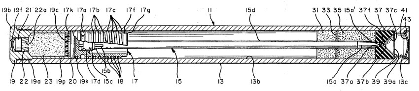  Бесшумный подводный патрон с запиранием пороховых газов для подводного пистолета конструкции Кеннета Мюллера и Джона Критчера (патент США № 3585934 от 22 июня 1971 г.)