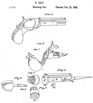  Первый патент Сэмюела Кольта на капсюльный револьвер одинарного действия 1836 г. (US. Patent № 9430Х)