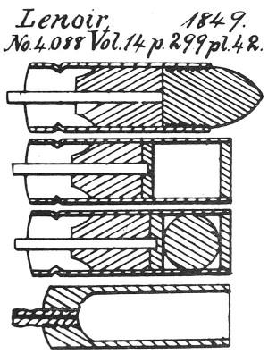  Рисунок из патента французского конструктора Августа Ленуа на патрон с центральной шпилькой (French Patent № 4088, 1849 г.)