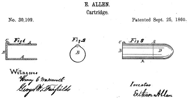  Рисунок из патента Итана Аллена № 30109 от 25 сентября 1860 г. на патрон типа lip fire