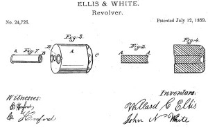  Первый патент (№ 24726 от 12 июля 1859 г.) Эллиса и Уайта на револьверный барабан и патрон типа cupfire