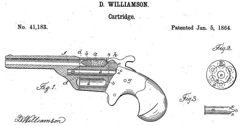  Рисунок из патента Дэвида Вилльямсона на улучшенный патрон типа teat-fire (US Patent №41183 от 5 января 1864 г.)