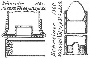  Гильза и патрон Шнайдера (французские патенты № 20305 от 1858 г. и № 26901 от 1860 г.)