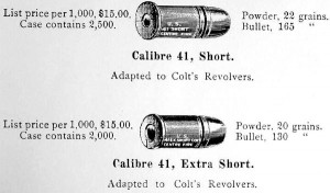  Рисунок из каталога компании U.S.C.Co за 1891 г., в котором вместе с патроном .41 Short Colt приведена его модификация — .41 Colt Extra Short